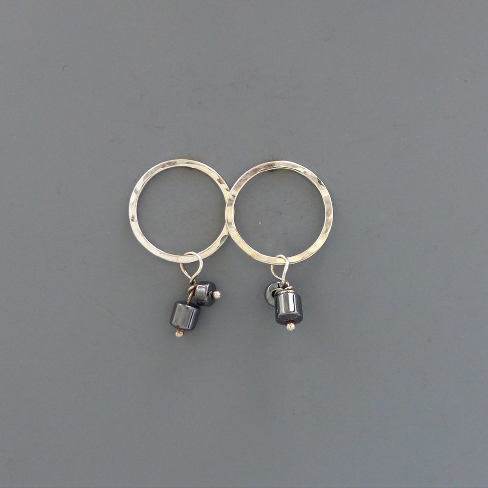 Sterling silver hammered hoops with black bead earrings